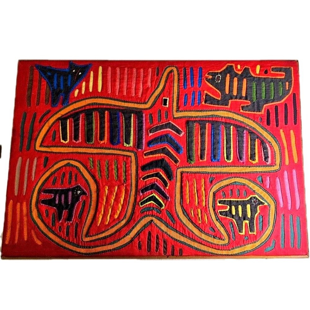 Vintage Kuna Guna Mola Lizard Textile Panel Panama Folk Art Hand Stitched